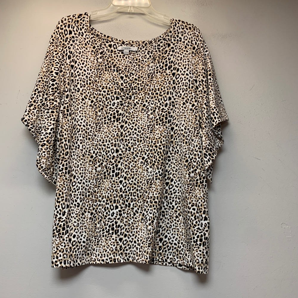 Chico's Blouse Women 3 XL Tan Excellent Leopard Print Flutter Sleeve Top